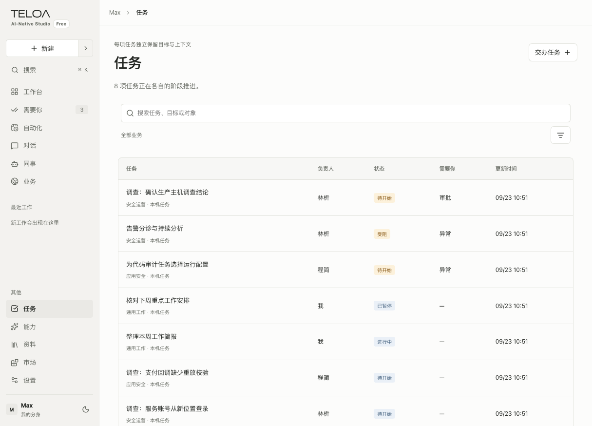 Teloa 任务页：查看每件工作的目标、负责人和状态，打开任务继续跟进。